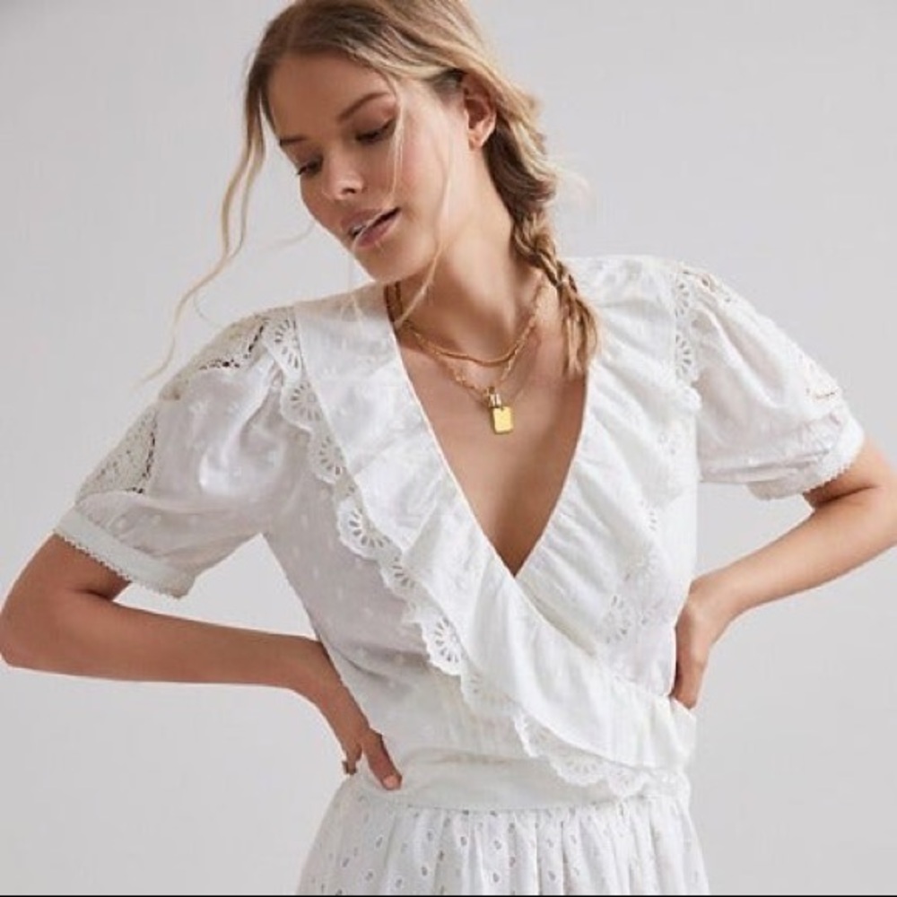 Anthropologie Forever that Girl Wrap Tie Top w Lace & Embroidery Details